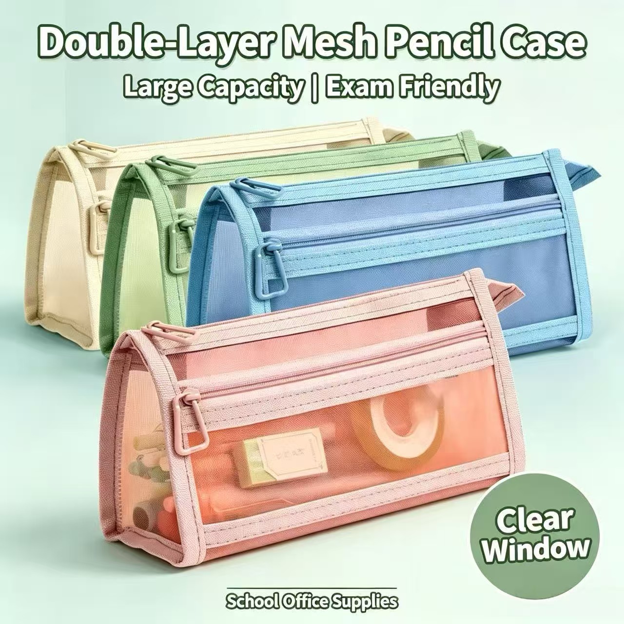 Clear Mesh Pencil Pouch For Exam - Doppellagiges, durchsichtiges Mesh-Federmäppchen, transparente Stifttasche mit