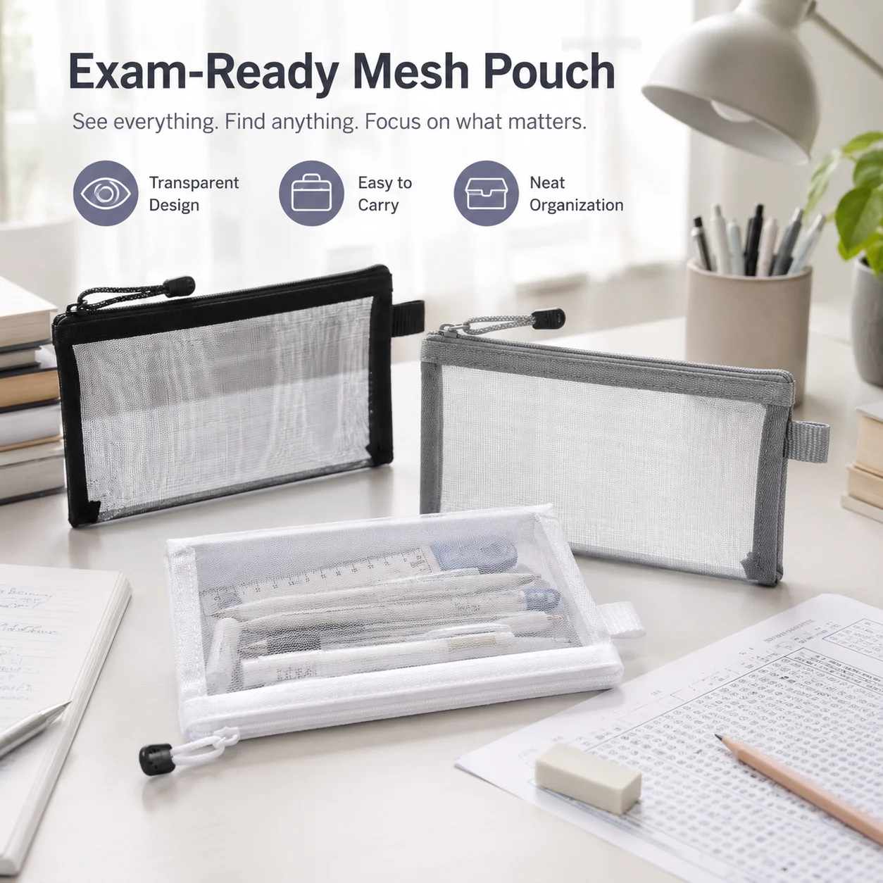 Clear Mesh Pencil Pouch For Exam - Transparente Netz-Stifttasche, Durchsichtige Federtasche für Prüfungen,