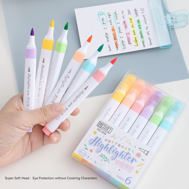 Pastel Highlighter Set Double Ended - 6-Farben-Textmarker-Set in Pastellfarbe, Pinsel, fluoreszierende Marker,