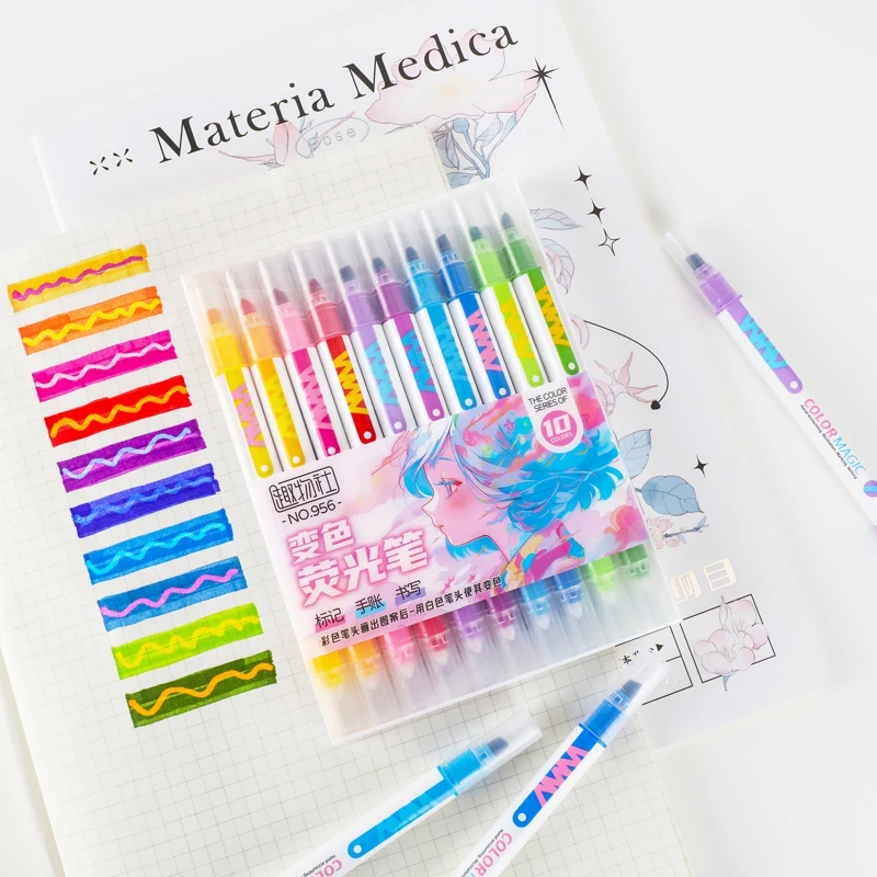 Pastel Highlighter Set Double Ended - 10-teiliges doppelseitiges magisches Farbwechsel-Textmarker-Set für Studenten,