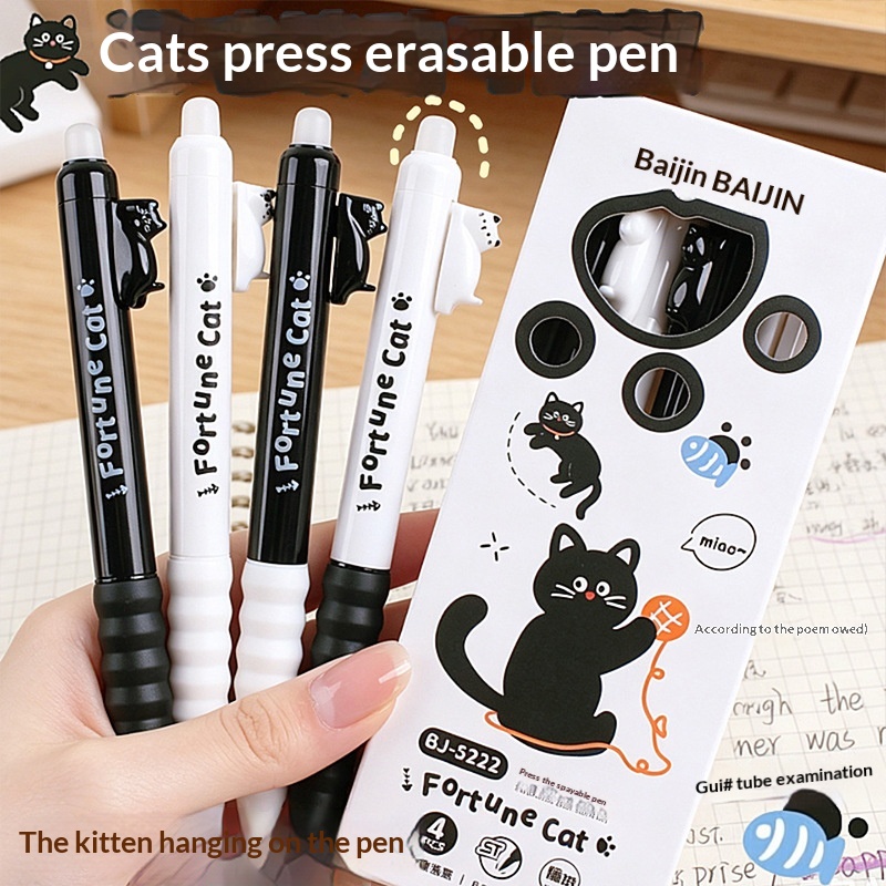 Retractable Eraser Pen Click - 4er-Pack niedliche, radierbare Gelstifte mit Katzenmotiv,