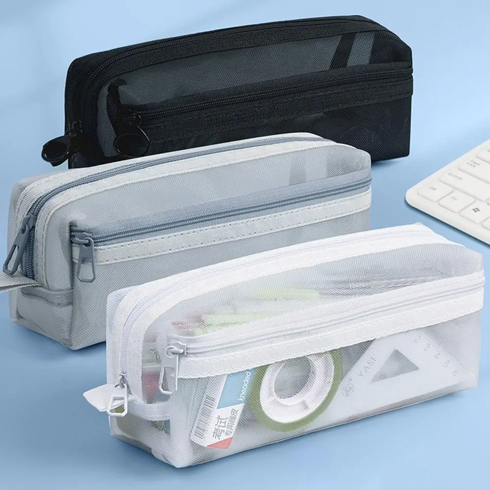 Clear Mesh Pencil Pouch For Exam - Großer Doppelschichtiger Netz-Stifthalter mit Transparenter Reißverschlusstasche