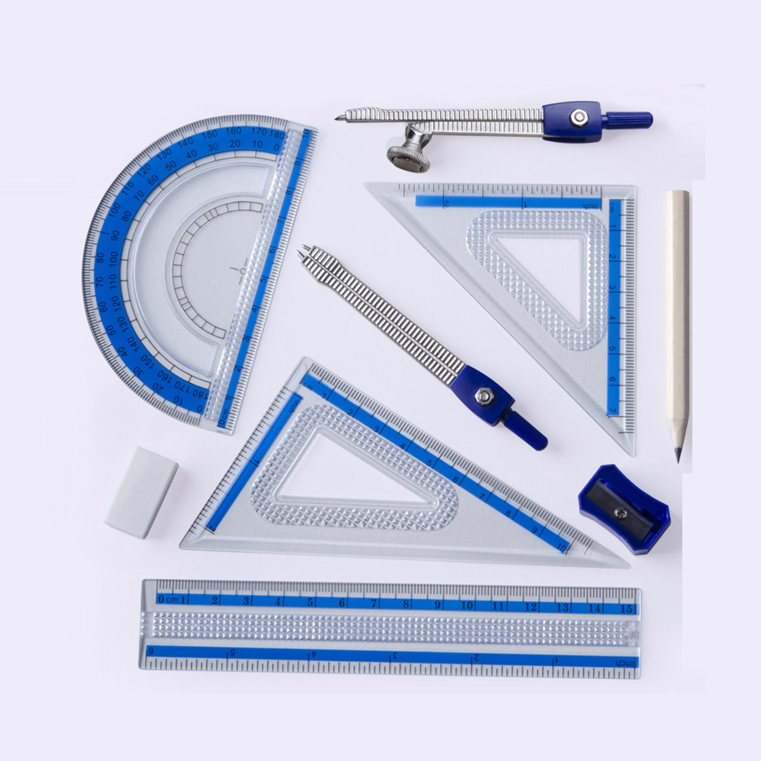 Math Geometry Set With Compass - 10-teiliges Geometrie-Mathematik-Set, bruchsichere Aufbewahrungsbox, Lineal, Winkelmesser,