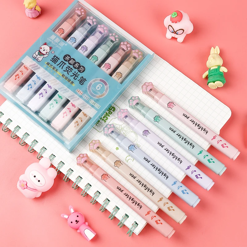 Pastel Highlighter Set Double Ended - 6 teile/paket Kawaii Katze Klaue Pastell