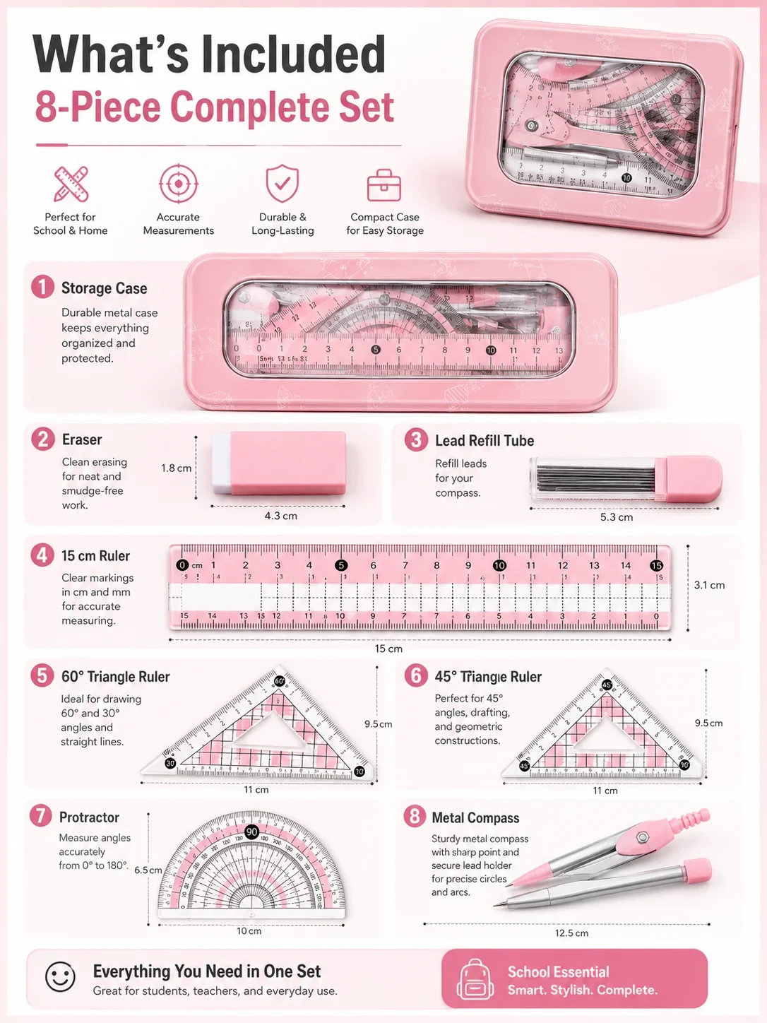 8-teiliges Mathematik-Geometri – Math Geometry Set With Compass Bewertung und Preis